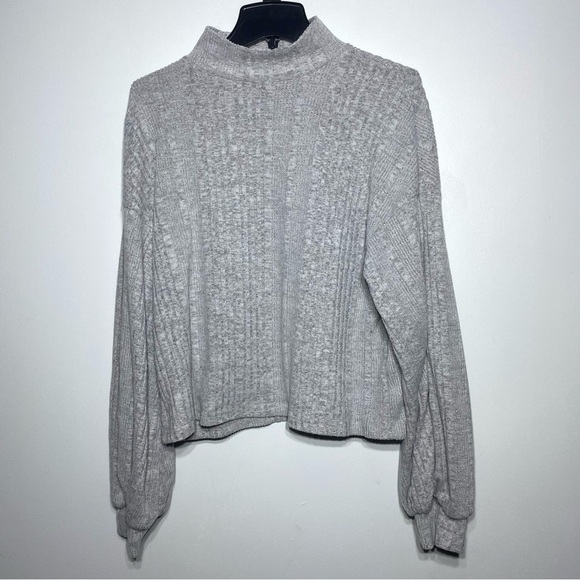 Shein Women's Pullover Sweater Sz M Gray Ribbed Knitted Mock Neck Balloon Sleeve - Picture 1 of 12
